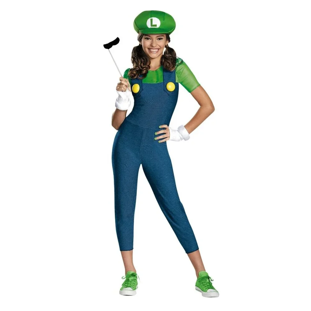 Luigi Costume Girls Tween 14-16 Mustache Stick Gloves Hat Jumpsuit Super Mario